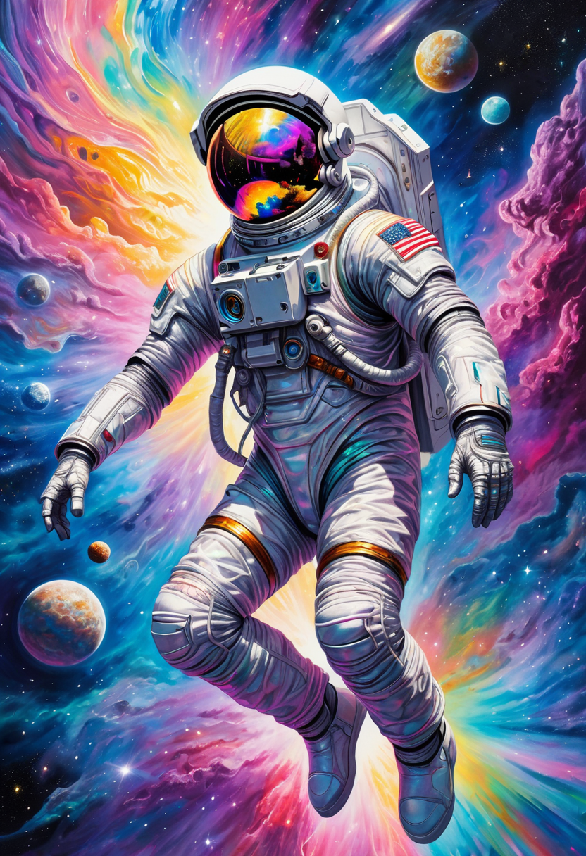 Dynamic view of a holographic magical astronaut, detailed frame, painting looks to be life like, hanging on a wall, magical multicolored ink, high quality, imagination, 8k, fantasy art, vivid magical colors