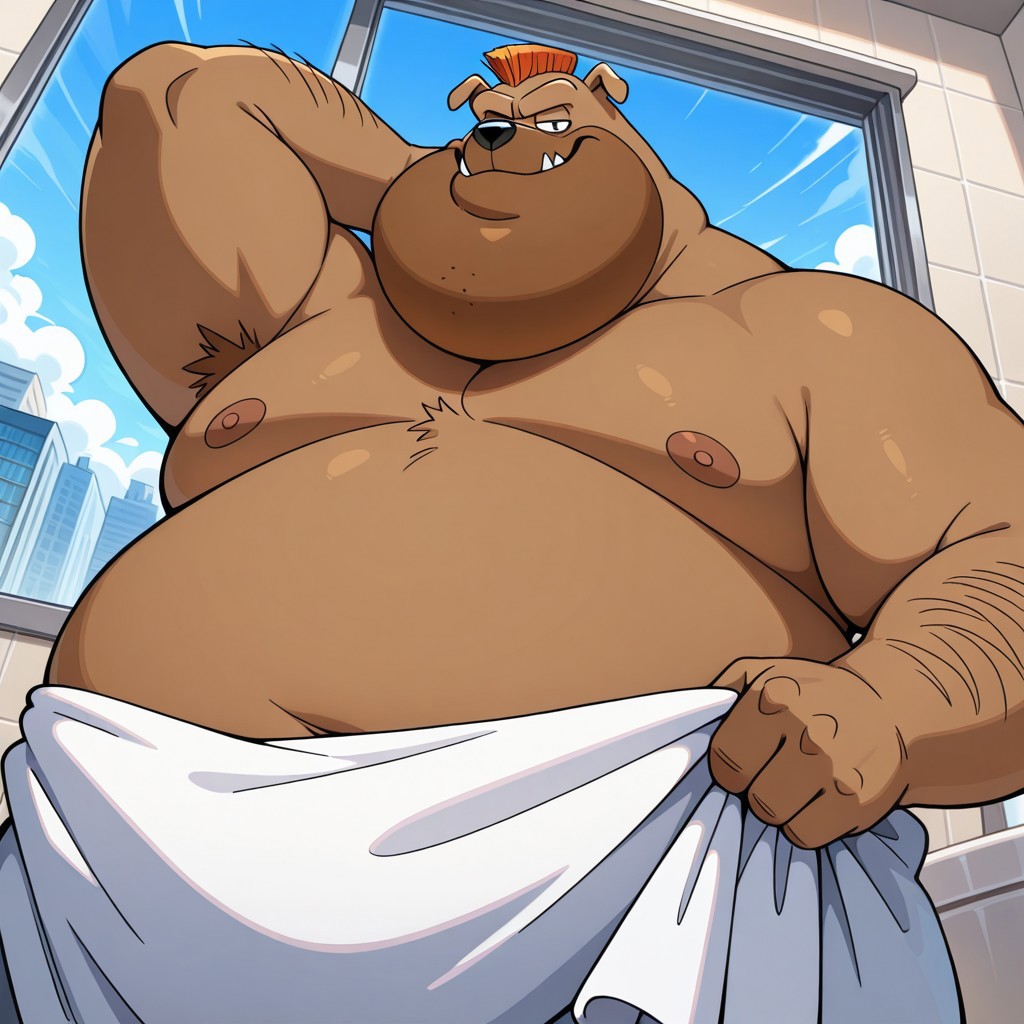 D4d, detail background, solo, cartoon, 1boy, anthro, dog, male, baggy eyes, black eyes, large chin, black nose, brown fur, mohawk, short orange hair, spiky hairstyle, obese, fat, overweight, white towel around on waist, BREAK close-up, upper body, bathroom, window, city background, indoors, inside, hand behind neck, looking at viewer, standing, (half eyes closed), upper body, dynamic angle, close-up