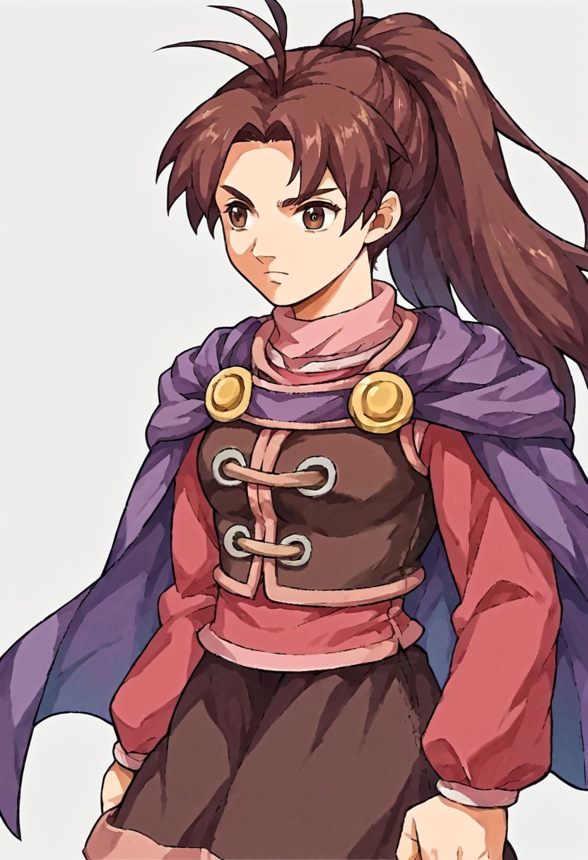 score_9, score_8_up, score_7_up, source_anime, fe9portraits, solo, cowboy shot, simple background, 1girl, female focus, 1girl, gsJenna, brown hair, ponytail, antenna hair, purple cape, vest, pink shirt, long sleeves, brown skirt,