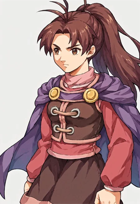 score_9, score_8_up, score_7_up, source_anime, fe9portraits, solo, cowboy shot, simple background, 1girl, female focus, 1girl, gsJenna, brown hair, ponytail, antenna hair, purple cape, vest, pink shirt, long sleeves, brown skirt,