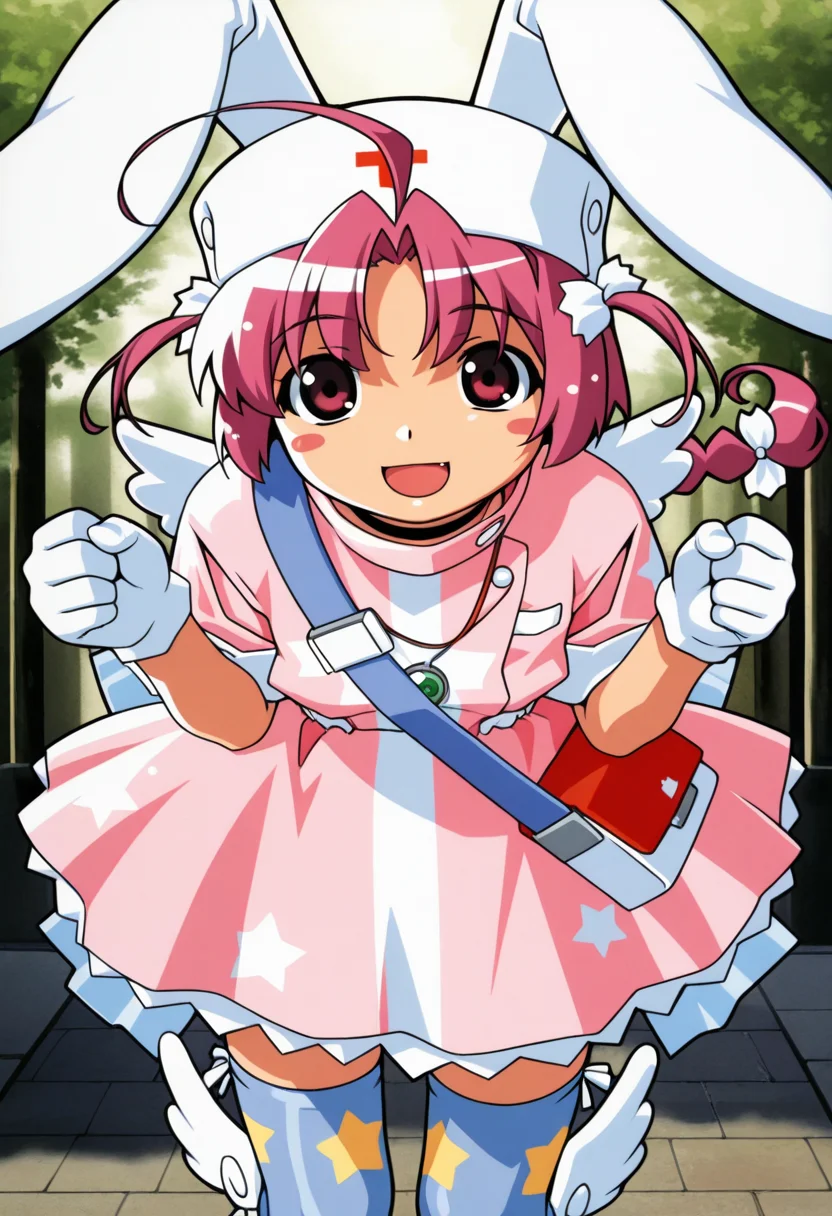 nakahara_komugi, pink hair,hat, animal ears, braid, pink eyes, ahoge, long hair, rabbit ears,
wings, star print, jewelry, star (symbol), dress, white gloves, stickers, zettai ryouiki, print thighhighs, winged footwear,
 <lora:nakahara_komugi_Illustrious-XL_2.0_v1:0.8>, masterpiece,best quality,amazing quality, solo,1girl,, standing, (dynamic pose) , blush,open mouth,light smile, 
looking at viewer,(upper body, close-up),cowboy shot, upper body, 
(outdoors, )