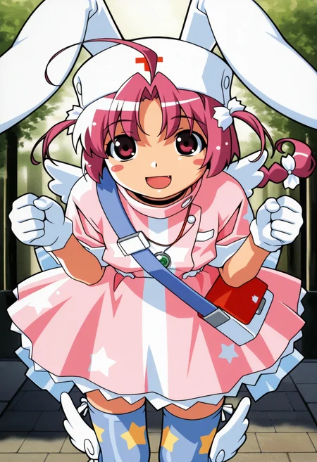 nakahara_komugi, pink hair,hat, animal ears, braid, pink eyes, ahoge, long hair, rabbit ears,
wings, star print, jewelry, star (symbol), dress, white gloves, stickers, zettai ryouiki, print thighhighs, winged footwear,
<lora:nakahara_komugi_Illustrious-XL_2.0_v1:0.8>, masterpiece,best quality,amazing quality, solo,1girl,, standing, (dynamic pose) , blush,open mouth,light smile,
looking at viewer,(upper body, close-up),cowboy shot, upper body,
(outdoors, )