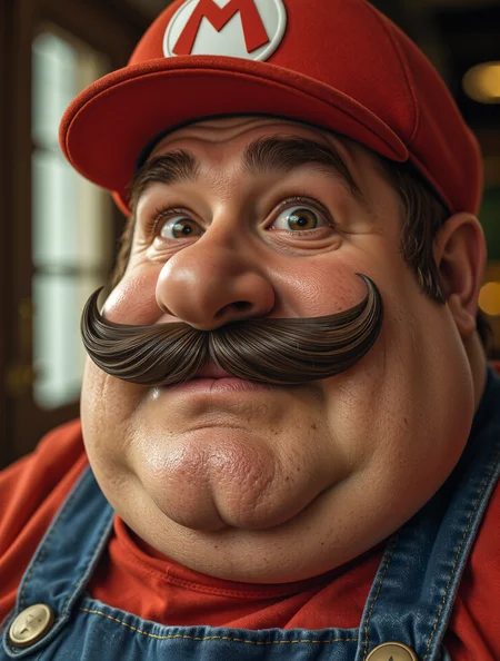 A surreal cinematic masterpiece photograph: a professional portrait featuring a realistic, humanized version of fat Mario. Render him as a robust, human man with iconic yet natural features—a prominent, bulbous nose and a distinguished moustache—infused with subtle exaggeration. Utilize natural, soft lighting to reveal detailed skin texture and expressive features, set against a dreamy, blurred bokeh background for an ethereal, lifelike effect. <lora:fantastic-realism:0.85> f4nt4st1c <lora:aidmaRealisticSkin:0.8> aidmarealisticskin