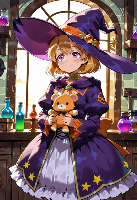 lazypos, character focused, cute witch girl, large witch hat, puffy dress, cozy kitchen, magical decor, plush toys, potion bottles, fantasy shelves, warm sunlight, golden morning, playful smile, soft lighting, wooden furniture, cottagecore vibe, magical details, colorful glassware, storybook style, enchanted room, whimsical scene, dreamy atmosphere, shexystyle