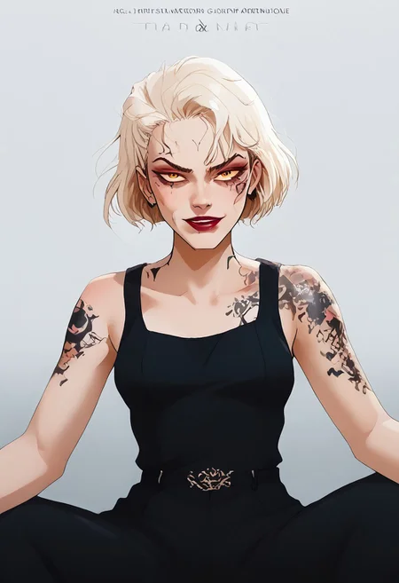 score_9, score_8_up, score_7_up, Expressiveh, source_anime, masterpiece, score_9, score_8_up, score_7_up 1girl, solo, mayabl2, tattoo, makeup, lipstick, half closed eyes, looking at the viewer, (cowboy shot:1.3), (asian, japanese idol:1.3), very short hair, yakuza tattoo, irezumi, (black undersized tank top:1.3), (black oversized pants:1.3), visible ombligo, thin waist,perfect eyes, symetric eyes, half closed eyes, dark bags under eyes, bags under eyes, slim, slender, ripped body, symetric eyes, looking at the viewer, (very short hair:1.3), morena, sitting, spread legs, evil smile, pretty face, perfect face, (black skin:0.5)