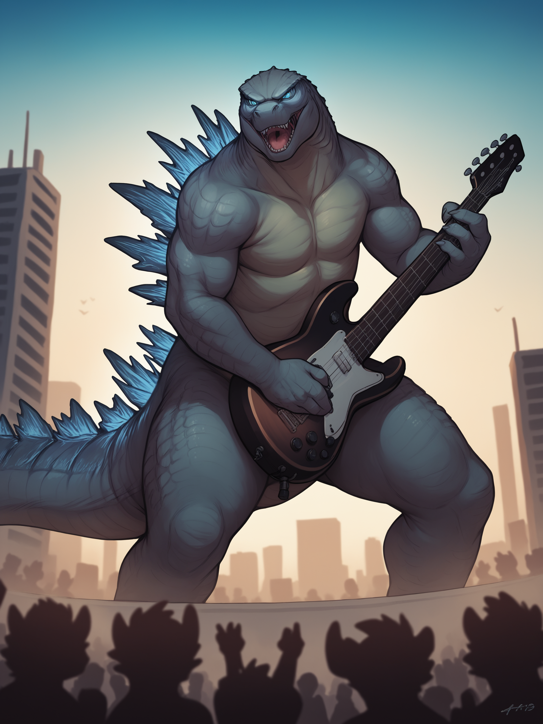 <lora:electric_guitar_playing_instrument:1> <lora:Godzilla_PONY_XL_Ver:1> godzilla, spines, glowing blue eyes, atomic breath, electric_guitar, playing_instrument, looking at viewer, amplifier, speakers, cityscape in background, crowd, cheering, twilight BREAK source_anthro, score_9, score_8_up, score_7_up, score_6_up, score_5_up, score_4_up