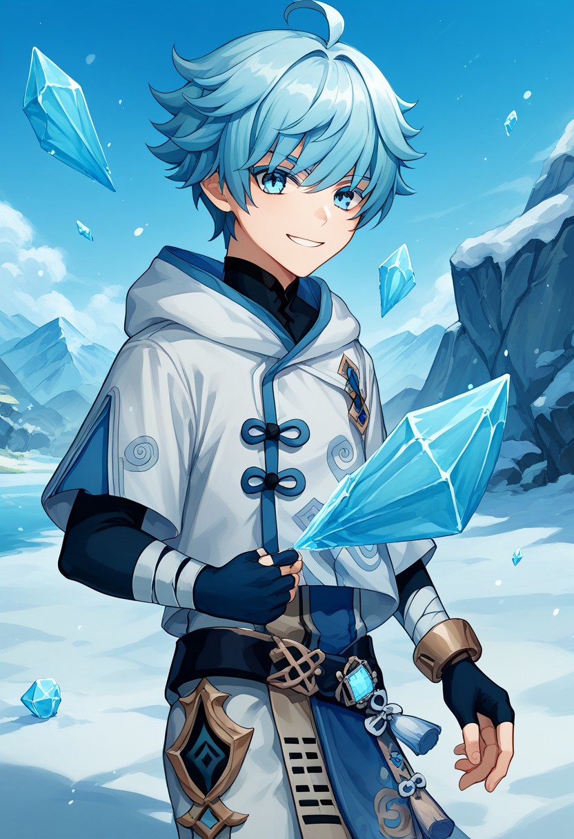 score_9, score_8_up, score_7_up, source_anime, highly detailed, 
Chongyun, 1boy, male focus, solo, light blue hair, short hair, hair between eyes, bangs, ahoge, blue eyes, chinese clothes, jacket, white jacket, hood, shirt, black shirt, short over long sleeves, gloves, black gloves, fingerless gloves, bandages, bandaged arm, bandaged leg, vision (genshin impact), pants, spell, ice spel, smile, determined, looking at viewer,
outdoor, sky, snow,