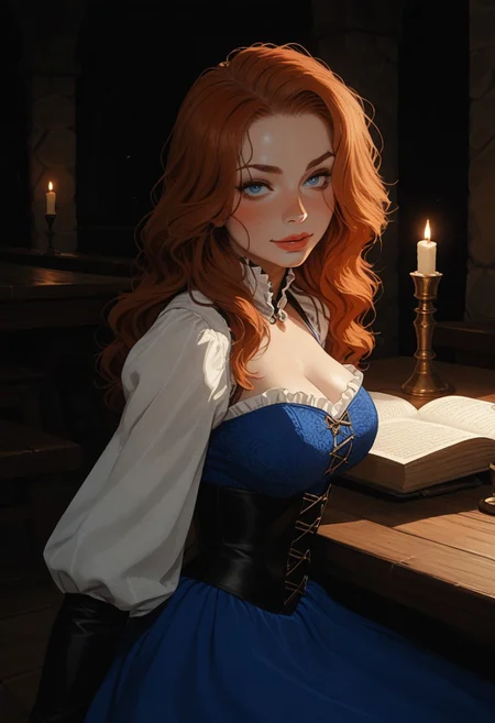 Safe_pos, (score_9, score_8_up, score_8), ultra detailed, high resolution, high quality, masterpiece, intricate details, intricate body, intricate landscape, knva, Expressiveh, hkmagic, missfortune, European Instagram Model, Sorceress, Wizard, Casting Thunder Magic Spells, Magic Circle, Thigh Strap, Tavern, midnight, 1girl, source_cartoon, Petite, ((Dark-Auburn Hair, Blue Eyes, Full Lips, Delicate and Smooth Skin, Blush Perfect Body, Highly Detailed, Glossy Lips)), Beautiful, Attractive, (Long Hair, Shiny Hair), (perfect round breasts, large breasts), (Wizard), ((Femme Fatale)), Tight-Fitting Blue-and-White Dress, Corset, Sexy, Belt, Brown Thigh-High Boots, Fantasy, Medieval, ((Extremely Detailed Face and Eyes)), Looking at Viewer, (Flirty Smile), Soft Lighting, Warm Lighting, Unique Angle, Unique Perspective, Dramatic Angle, ((Full Body)), From Above, Side Shot, ((Sitting on Table, Arched Back, Leaning Back)), Tomes in Background, Magic Book, Ritual
<lora:add-detail-xl:1.5>,
<lora:Expressive_H:0.7>,
<lora:Kenva:1>,
<lora:incase_2024_new_style_upscaled_with_big_images:0.8>,
<lora:missfortune:0.65>,
<lora:Fantasy_Wizard__Witches_Pony:0.4>,