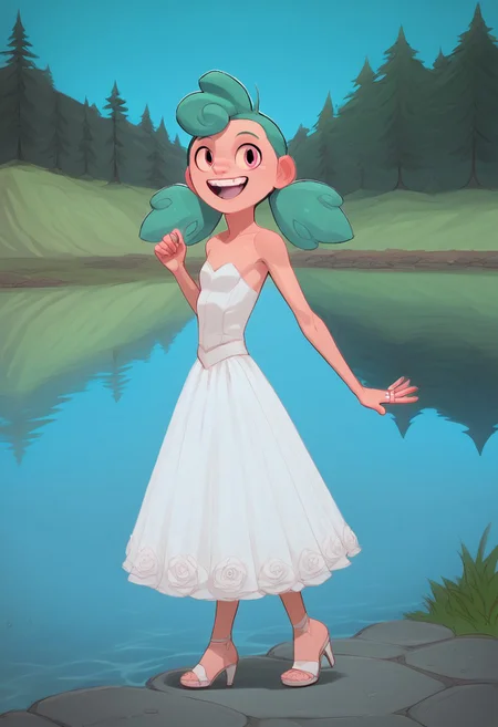 score_9, score_8_up, score_7_up, solo, 1girl,
turquoise hair, two pigtails, bright pink eyes,
happy, teeth smile, standing full body barefoot flat breast outdoors, lake, altar Wedding background, Wedding dress Wedding veil Wedding Ring high heels sandals