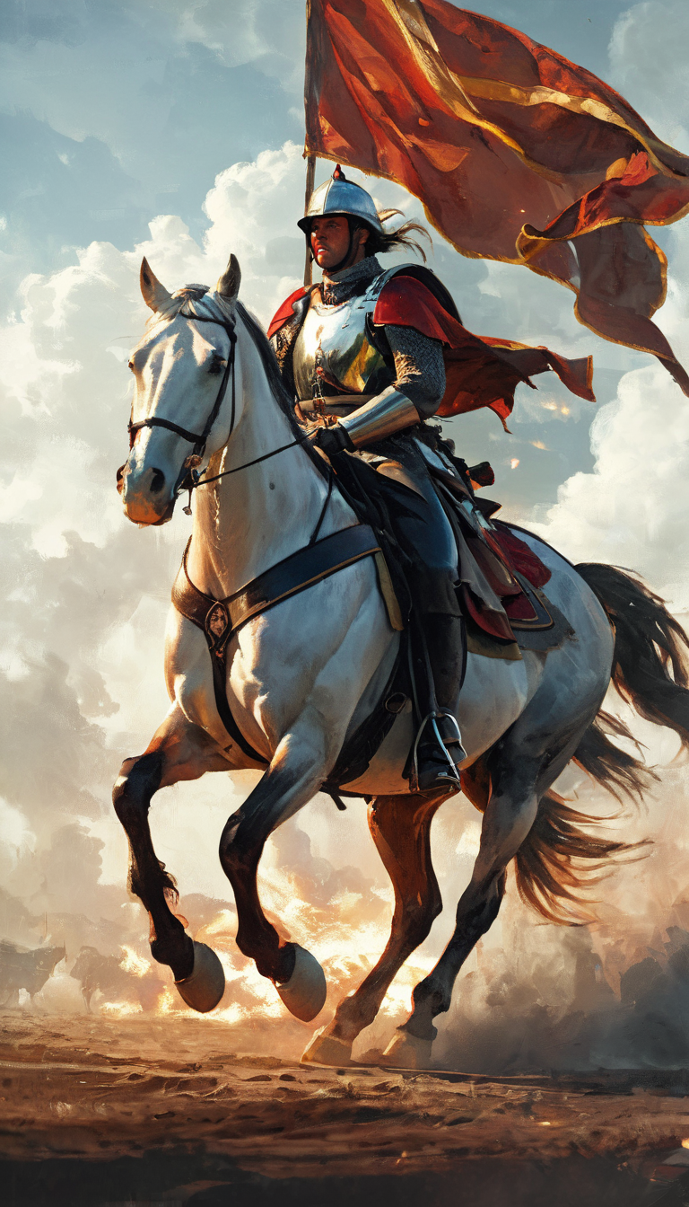 masterpiece, best quality, battlefield, war, fantasy, horse, fire, scenery, flag, cloud, sky, war, weapon, soldiers, outdoors, battle, horseback riding, armor, cloudy sky, smoke , very detailed, high resolution, sharp, sharp image, 4k, 8k, oil, brushes, digital painting, greg rutkowski <lora:greg_rutkowski_xl_v3:1>