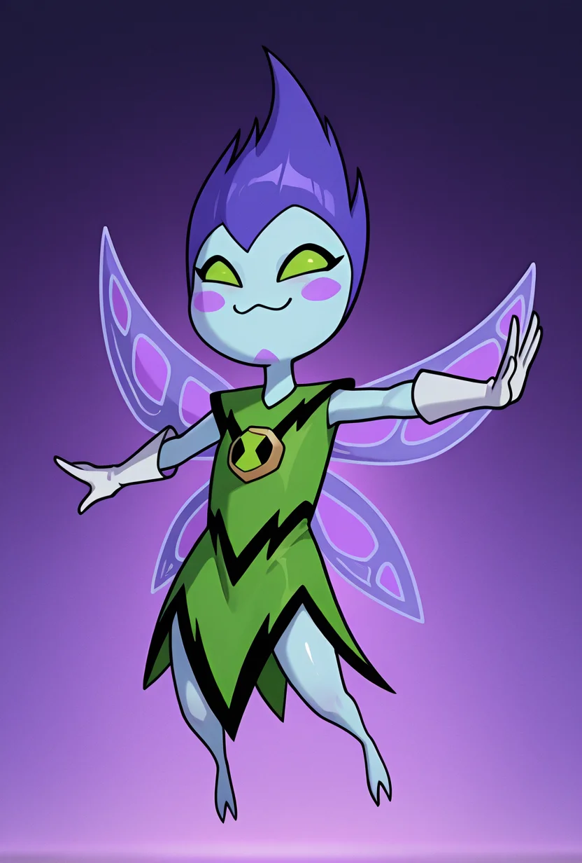 <lora:peskydust-09:1> peskydust, blue skin, fairy wings, blush stickers, 1girl, white gloves, green eyes, green dress, purple hair, dynamic pose, :3,, masterpiece, best quality, amazing quality, very aesthetic, absurdres, newest,