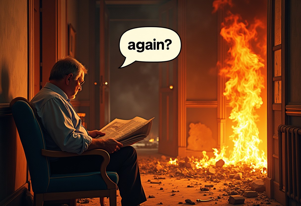 a man with a newspaper in his hand is sitting in a completely burning house, looking at the fire, a monologue bubble with the text "again?