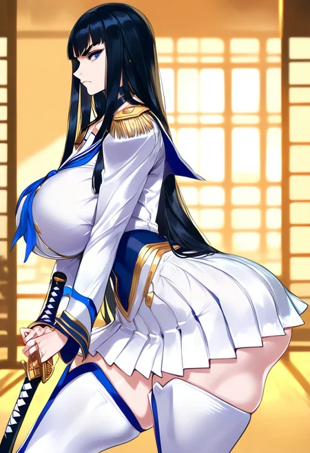 score_9, score_8_up, score_7_up, kiryuuin_satsuki, 1woman, mature woman curvy body, black hair, blue eyes, blunt bangs, eyes glow, look at viewer, thick thighs, massive breasts, wide hips, angry, glossy hair, glossy skin, frown, epaulettes, neckerchief, blue eyes, black hair, sailor collar, white skirt, long sleeves, white footwear, thigh boots indoors, dojo, standing,
high detail, detailed face, detailed body, highly detailed, Expressiveh, side view, profile, both-hand-hilt, planted sword, hands on hilt, holding sword, katana