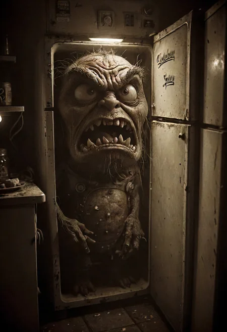 angry fridge , dim lights, detailed, perfect composition  <lora:eldoria:0.8> eldoria