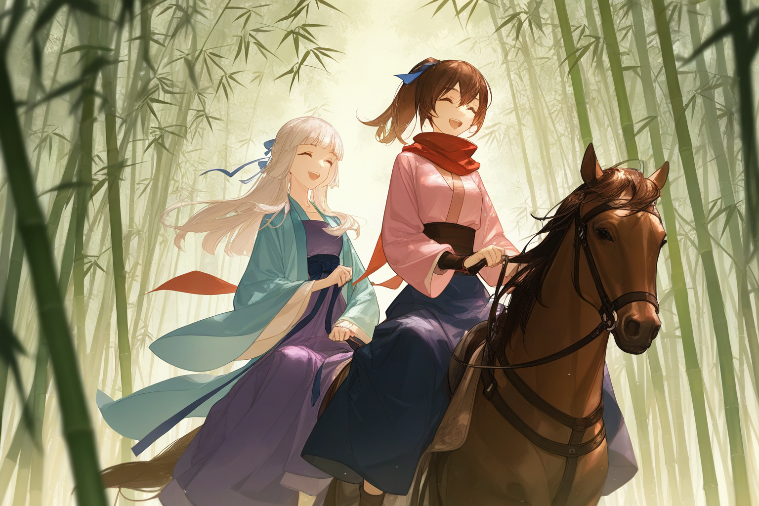 artist:ask_(askzy),artist:yolanda,[artist:WANKE],artist:ciloranko,multicolored,<lora:fenglingyuxiu-000018:0.6>, -fenglingyuxiu, multiple girls, nature, 2girls, forest, horse, riding, brown hair, closed eyes, bamboo, bamboo forest, horseback riding, smile, open mouth, white hair, ponytail, scarf, ribbon, hair ribbon, outdoors, red scarf, long hair, long sleeves, hanfu, blue ribbon