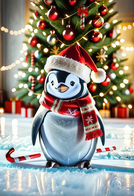 highly detailed, realistic, fine fabric detail, absurdres, highly-detailed, best quality, masterpiece, very aesthetic,, Animal Christmas, (Penguin in Santa hat, scarf, ice skating on ice ring), Christmas tree, snowflakes, holiday decorations, glowing lantern, candy cane, warm lights, ice backdrop, polar night, cheerful mood, no humans