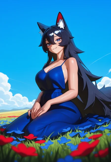 <lora:MilkshakeMix_Test_v10_Merged5:0.85>,
1girl, beautiful, kemonomimi, wolf girl, wolf ears, black hair, dark blue eyes, in a grassy field, simple dress, solo, flowers, blurry foreground, blue flower, red flower, very long hair
BREAK masterpiece, best quality, newest, very awa, highres, absurdres,