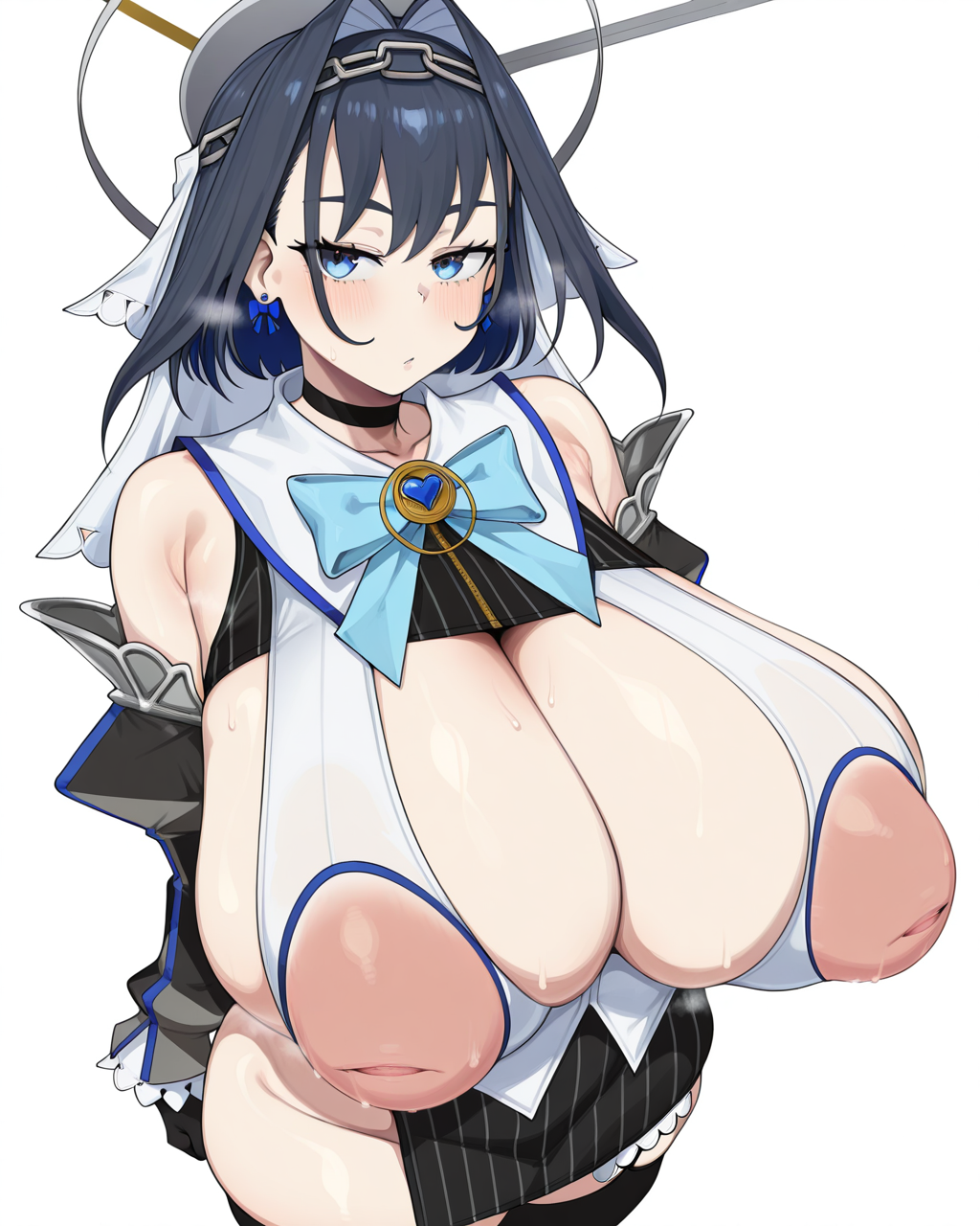 1girl, solo, ouro kronii,multicolored hair,black hair,blue hair,hair intakes,blue eyes, blue bowtie, white vest, clothing cutout, black sleeves, detached sleeves, black thighhighs, black skirt, bow earrings, huge breasts, inverted nipples, choker, bell, cham22, curvy, plump, steam, smell, steaming body, looking at viewer, upper body, simple background, white background, masterpiece, best quality, very aesthetic, absurdres