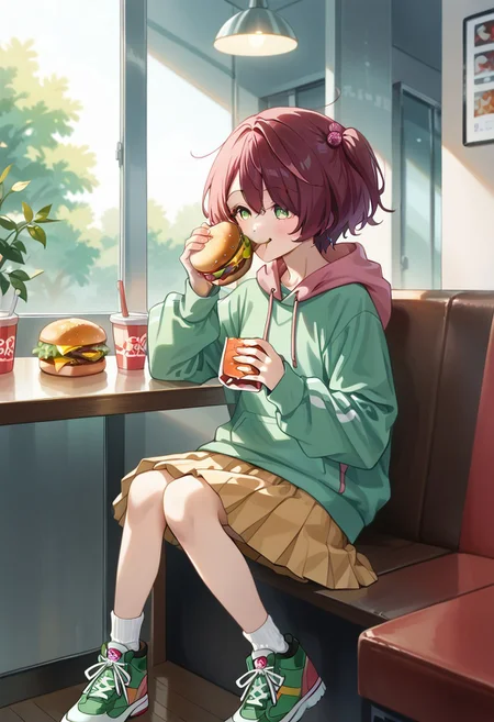 score_9, score_8_up, score_7_up, score_6_up, score_5_up, score_4_up, detailed eyes, detailed skin, source_anime, source_anime, masterpeice, best quality, very aesthetic, absurdres, BREAK, Komari_Chika, 1girl, BREAK, hoodie green hoddie, skirt, plated skirt, shoes, BREAK, indoors, reastaurant, burger, eating burger, joy, happy, sitting,