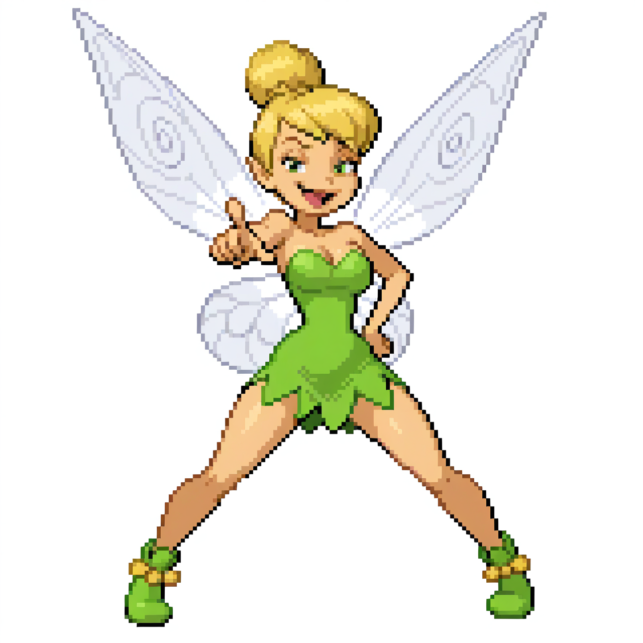 Simple background, white background, <lora:pkspif_nb_v1-2:1>,fullbody, (from front), 1girl, Solo, standing, Big breast, <lora:Tinkerbell_-_Disney_Illustrious:1>, tinkerbellxd, fairy, fairy wings, blonde hair,green eyes, single hair bun, green dress, bare shoulders, strapless dress, short dress, short hair, green footwear, pointy ears, pompom shoes, one hand on hip, open mouth, smug, spread legs, pointing at viewer, one arm raised, index finger raised, Looking at viewer