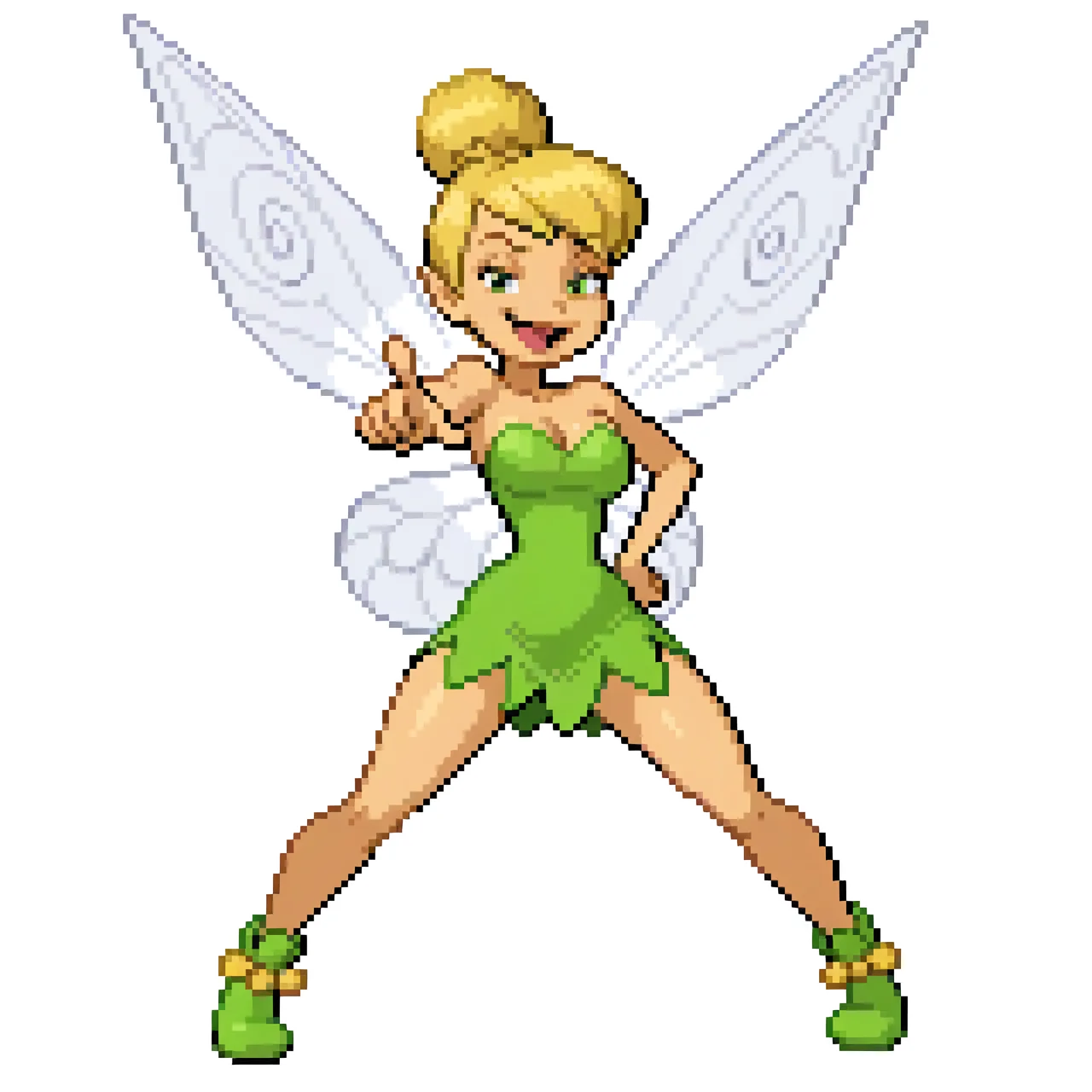 Simple background, white background, <lora:pkspif_nb_v1-2:1>,fullbody, (from front), 1girl, Solo, standing, Big breast, <lora:Tinkerbell_-_Disney_Illustrious:1>, tinkerbellxd, fairy, fairy wings, blonde hair,green eyes, single hair bun, green dress, bare shoulders, strapless dress, short dress, short hair, green footwear, pointy ears, pompom shoes, one hand on hip, open mouth, smug, spread legs, pointing at viewer, one arm raised, index finger raised, Looking at viewer