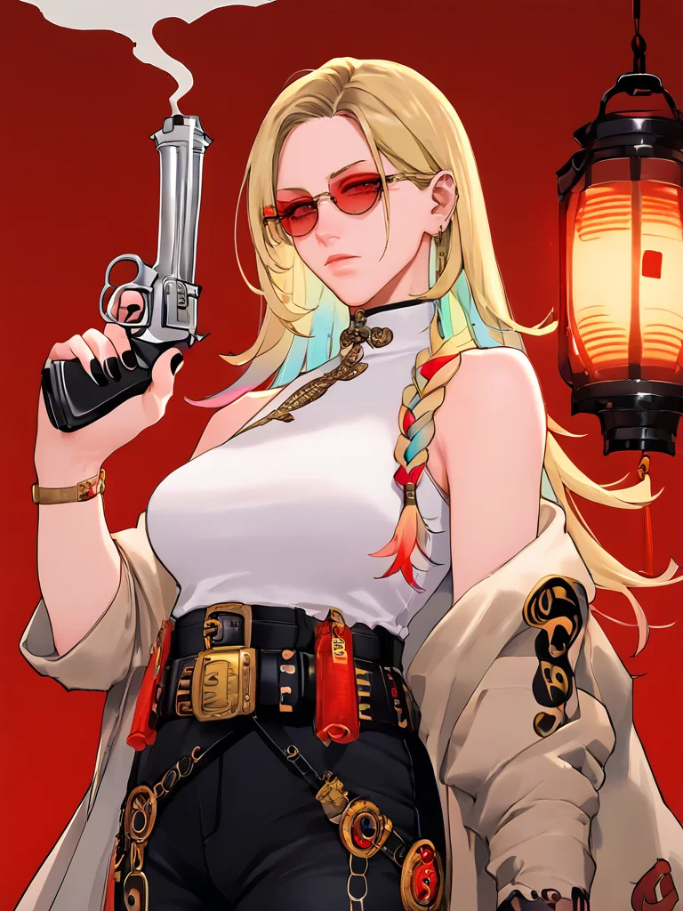 score_9, score_8_up, score_7_up, volumetric lighting,
a woman with a gun and a red background, white top, long hair, looking at viewer, blonde hair, jewelry, multicolored hair, belt, black pants, black nails, smoke, lantern, revolver, bare shoulder, sunglasses
<lora:gokurakugai_pony_v1_mx:0.95>