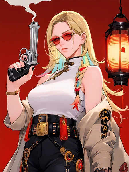 score_9, score_8_up, score_7_up, volumetric lighting,
  a woman with a gun and a red background, white top, long hair, looking at viewer, blonde hair, jewelry, multicolored hair, belt, black pants, black nails,  smoke, lantern, revolver, bare shoulder, sunglasses
<lora:gokurakugai_pony_v1_mx:0.95>