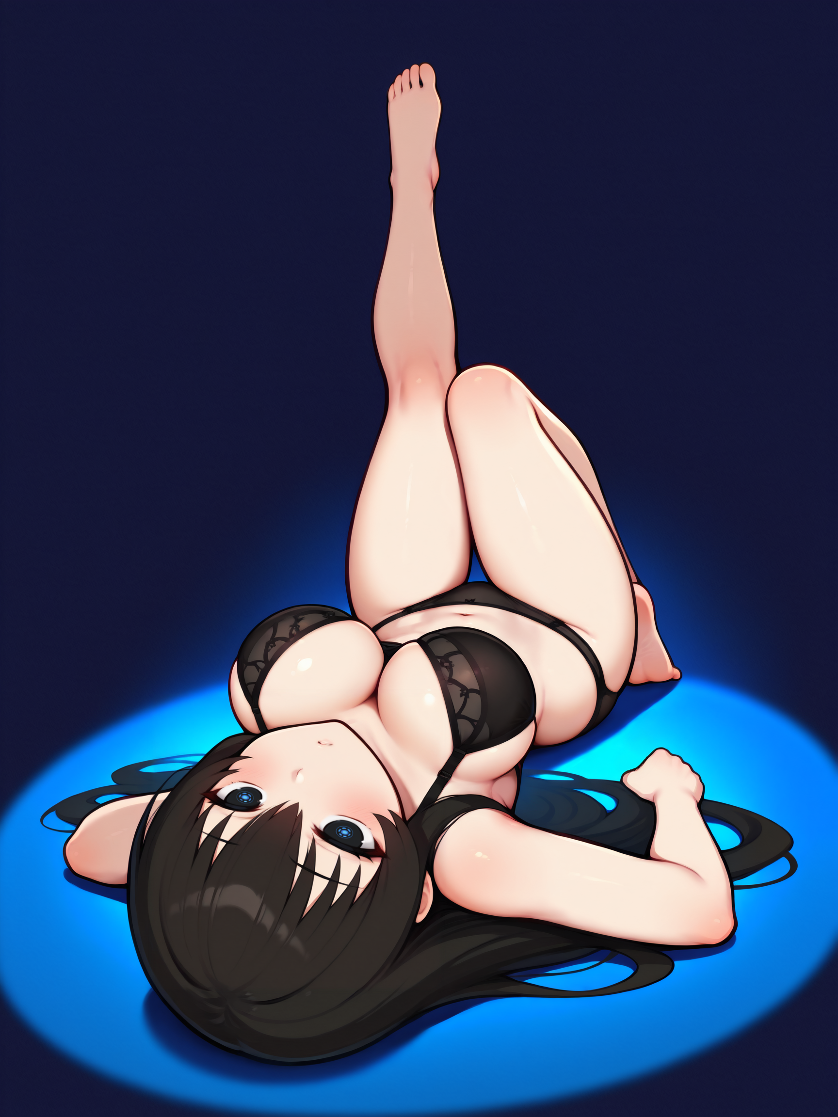masterpiece, best quality, amazing quality, by asukaln
(solo:1.4), Kagura_IL, black hair, long hair, large eye iris, black eye iris, (blue pattern on iris:1.4), large breasts, Kagura_underwear, black underwear, black bra, black panties
simple background, plain background, even lighting, rim lighting, detail shadows low angle, on back, looking up, full body, hands on floor, leg lift, dutch angle
<lora:Mystyle_SDXL_LoCon_DORA_v2:1>
<lora:SK_Kagura_IL:0.8>