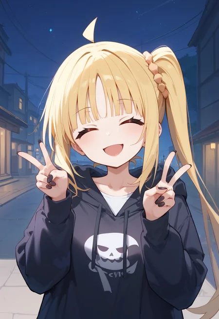 score_9,score_8_up,score_7_up,
<lora:Nijika_Pony-10:0.8> Ijichi_Nijika red eyes, blonde hair, ahoge, side ponytail, small breasts, smile, 
closed eyes, v, double v, black nails, open mouth, smile, hood, outdoors, hoodie, night, blunt bangs, nail polish, upper body, collarbone, long sleeves, hood down night, night sky, night city,