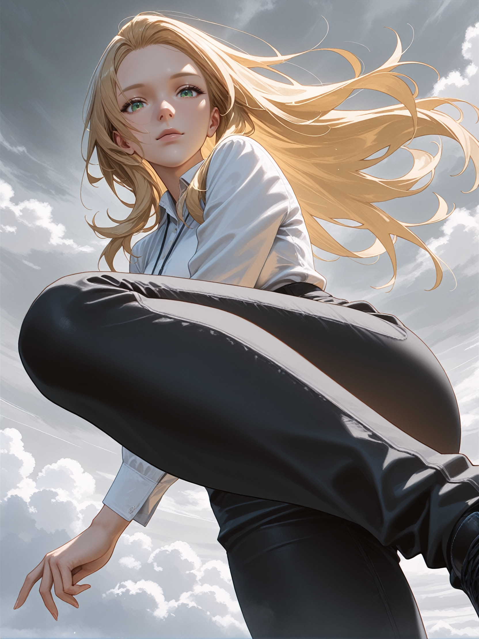 masterpiece, best quality, high resolution, very aesthetic, absurdres, newest, professional, high-quality, detailed eyes,
<lora:ILCPAlt:1.0>
CPAlt, 1girl, long hair, blonde hair, green eyes, looking at viewer, dynamic pose, jumping, from below, midair, grey sky, wind, clouds