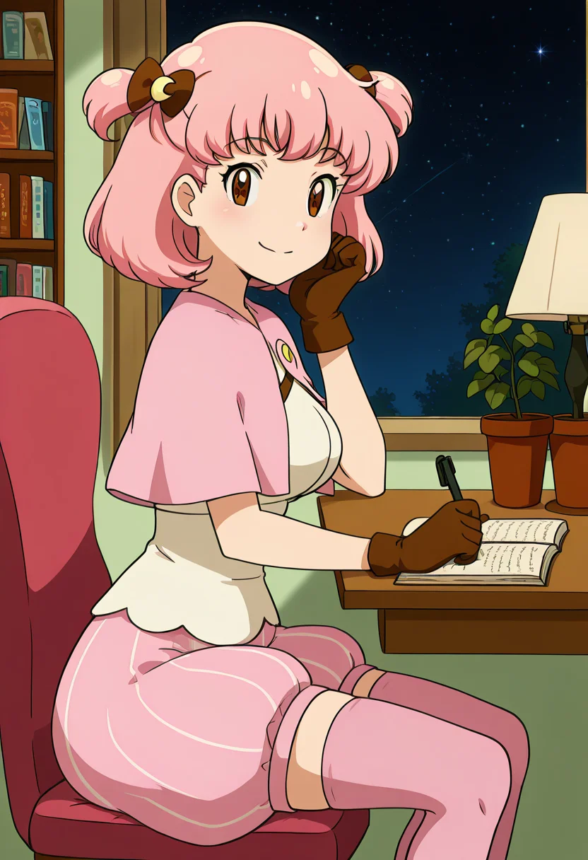 masterpiece, best quality, solo, curvy, beautiful eyes, narrow waist, large breasts, 1girl, solo, smile, looking at viewer, zzMomo, brown eyes, short hair, pink hair, hair bow, two side up, hair ornament, hair ribbon, capelet, white shirt, brown gloves, puffy shorts, pink thighhighs, zettai ryouiki, ,<lora:MomoByKurumiErika_IXL:1.0>, , zzLofi, sitting, side view, desk, chair, book, bookshelf, head rest, holding, holding pen, lamp, night, open book, pen, plant, potted plant, sky, star (sky), starry sky, window, windowsill, writing, <lora:LofiGirl_Style_IXL:0.8>,