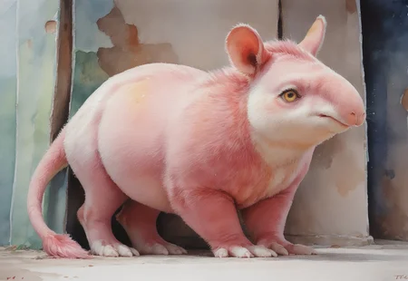 Score_9, score_8_up, score_7_up, from front, watercolor \(medium\), traditional media, realistic,
full body, tiny tail, long nose, round nose, pink fur, yellow eyes,
anthro, (source_furry), M0unta1n_Tap1r