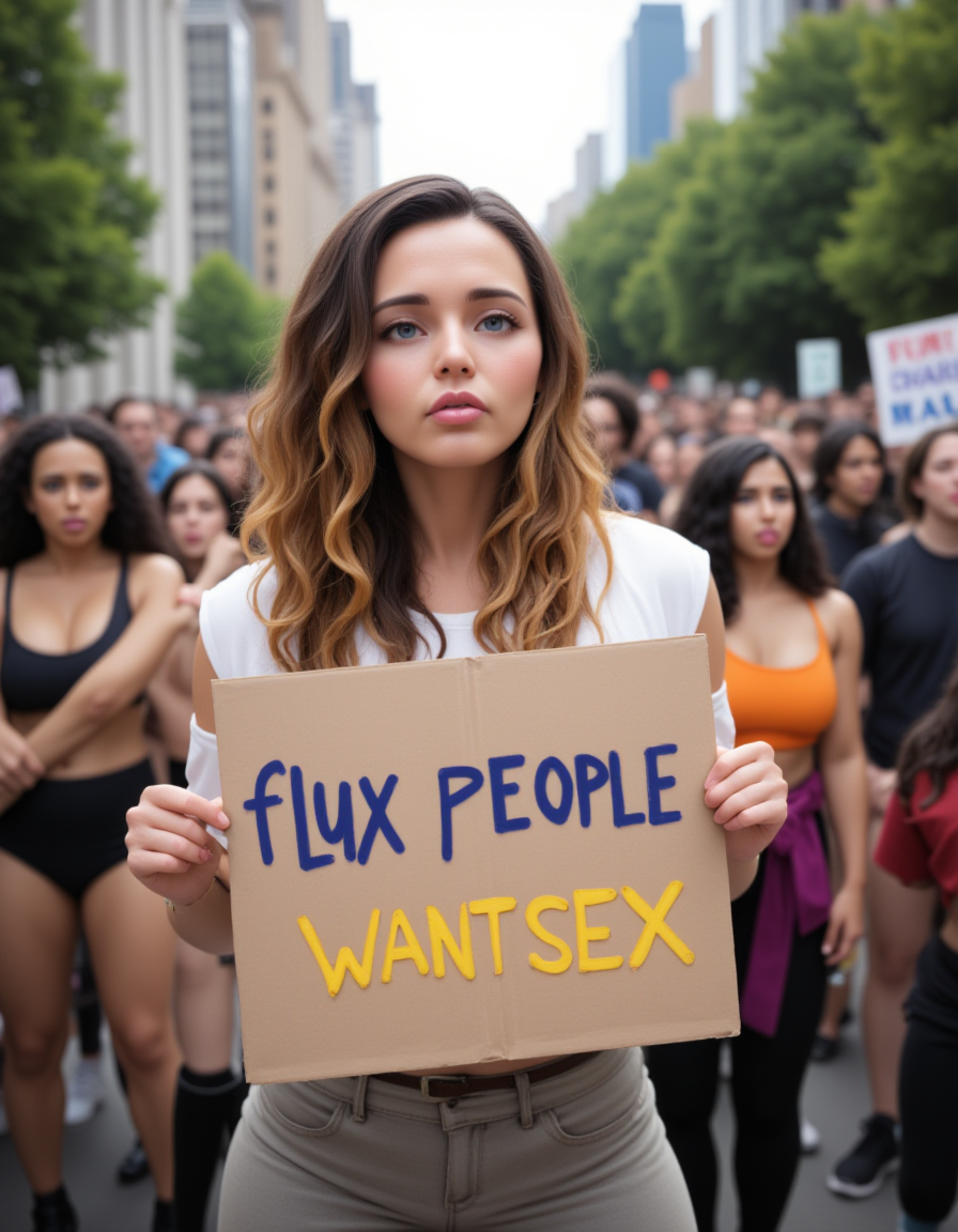 a sad woman at a protest holding a sign that says âFlux people want sexâ, <lora:Test:1>