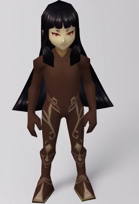 score_9, score_8_up, score_7_up, source_anime BREAK 1girl, solo,
<lora:zs_N64ZeldaStyleXL:1> n64zeldastyle, 3d, polygonal, white background, full body
<lora:zs_TokiXL:1> tokismtiva, long hair, black hair, blunt bangs, red eyes, brown bodysuit