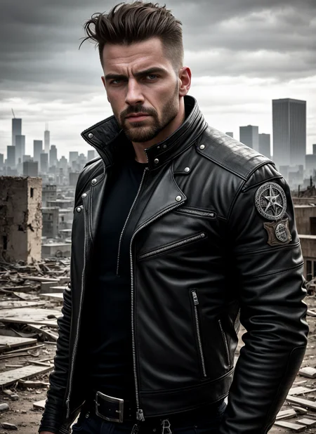 ultra realistic photograph, RAW professional photograph, 1boy, portrait of a tough guy, wearing a biker jacket, look at the viewer, intricate, elegant, highly detailed, arrogant, post apocalypses city ruins background, highly detailed, 8k