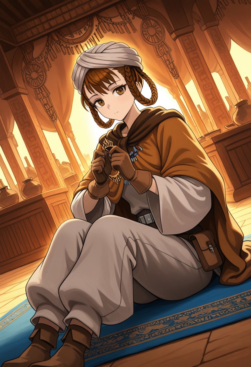 source_vanillaware,
dutch angle, sunset lighting,
1girl, solo,
LizaIL, Liza Unicorn Overlord,
brown eyes, brown hair, braided hair rings, hair rings, turban,
baggy scawl, baggy cloak, brown gloves, wide sleeves, baggy pants,
stoic, holding jewelry, looking at viewer, sitting,
Middle Eastern bazaar, carpet, outside,