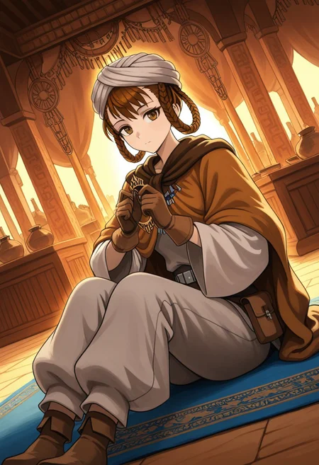 source_vanillaware,
dutch angle, sunset lighting,
1girl, solo,
LizaIL, Liza Unicorn Overlord,
brown eyes, brown hair, braided hair rings, hair rings, turban,
baggy scawl, baggy cloak, brown gloves, wide sleeves, baggy pants,
stoic, holding jewelry, looking at viewer, sitting,
Middle Eastern bazaar, carpet, outside,