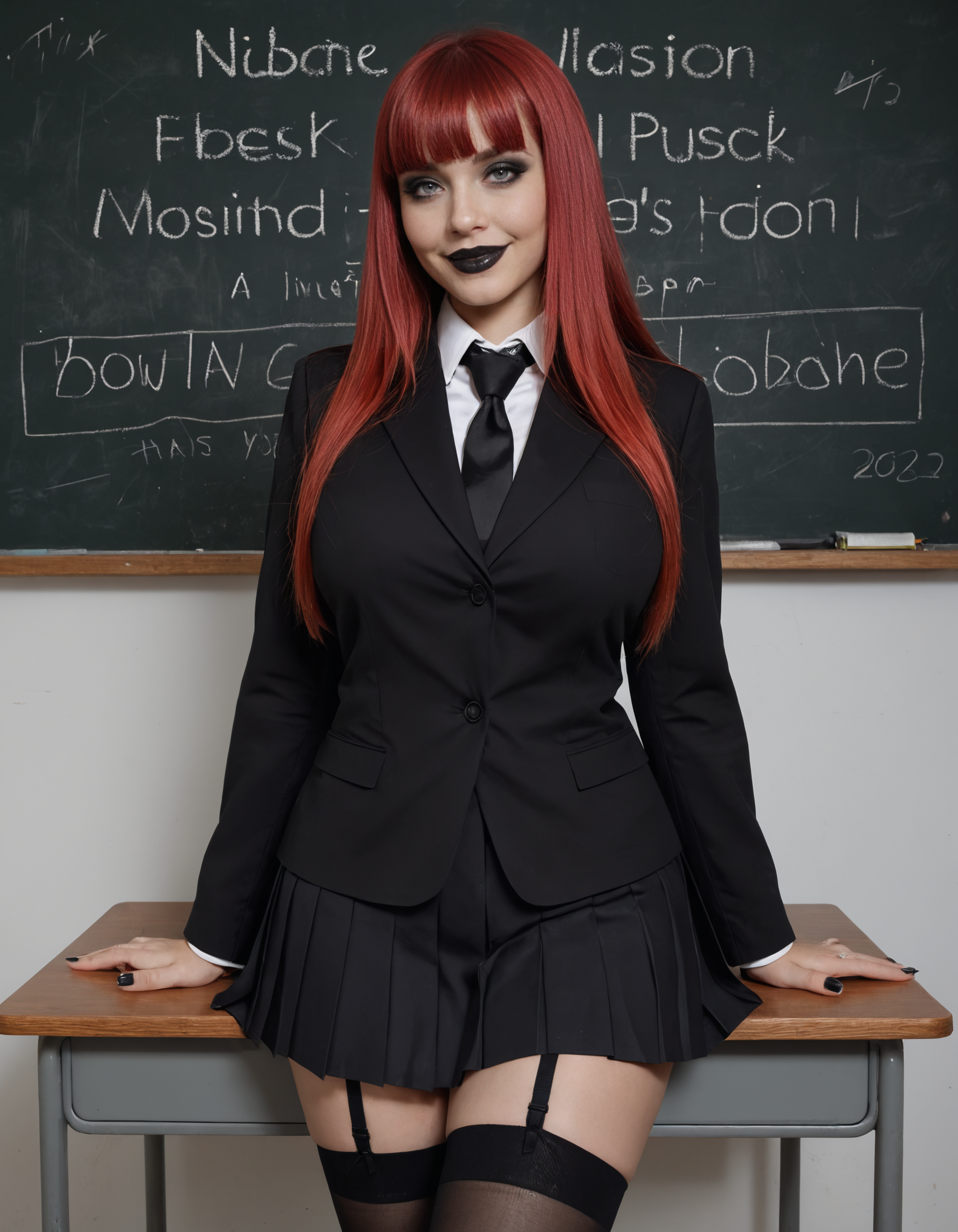 source_explicit, flat colors, flat , lineart, highly detailed, ultra detailed, girl as a goth, black makeup, black lips, blunt bangs, voluptuous body, grey eyes, big lips, lipstick, red hair long hair straight hair, wearing school uniform, blouse, black shirt with black tie, long sleeves, black pleated skirt, stockings, indoor background, blackboard, teacher's desk, front view, professional lighting, smile, posing