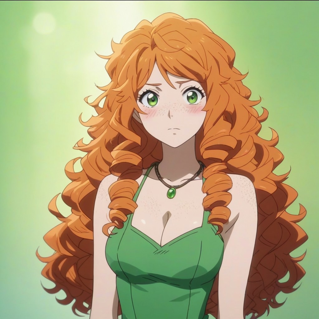 ani_as1, score_9, score_8_up, score_8, BREAK, anime screencap 1girl, solo, female focus, (cowboy shot), freckles, long hair, curly hair, green eyes, orange hair, looking at viewer, blush, dress, cleavage, green colored clothes, necklace