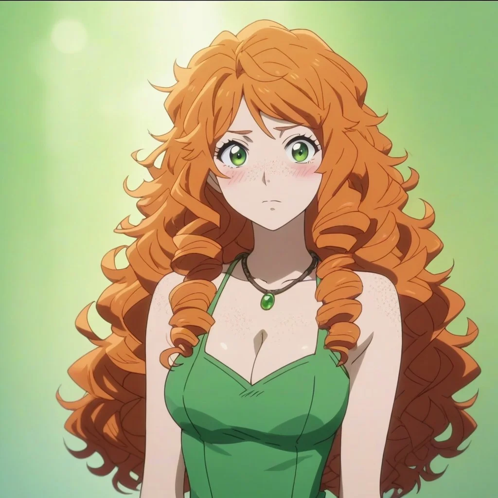 ani_as1, score_9, score_8_up, score_8, BREAK, anime screencap 1girl, solo, female focus, (cowboy shot), freckles, long hair, curly hair, green eyes, orange hair, looking at viewer, blush, dress, cleavage, green colored clothes, necklace