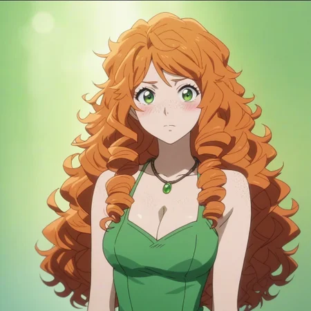 ani_as1, score_9, score_8_up, score_8, BREAK, anime screencap 1girl, solo, female focus, (cowboy shot), freckles, long hair, curly hair, green eyes, orange hair, looking at viewer, blush, dress, cleavage, green colored clothes, necklace