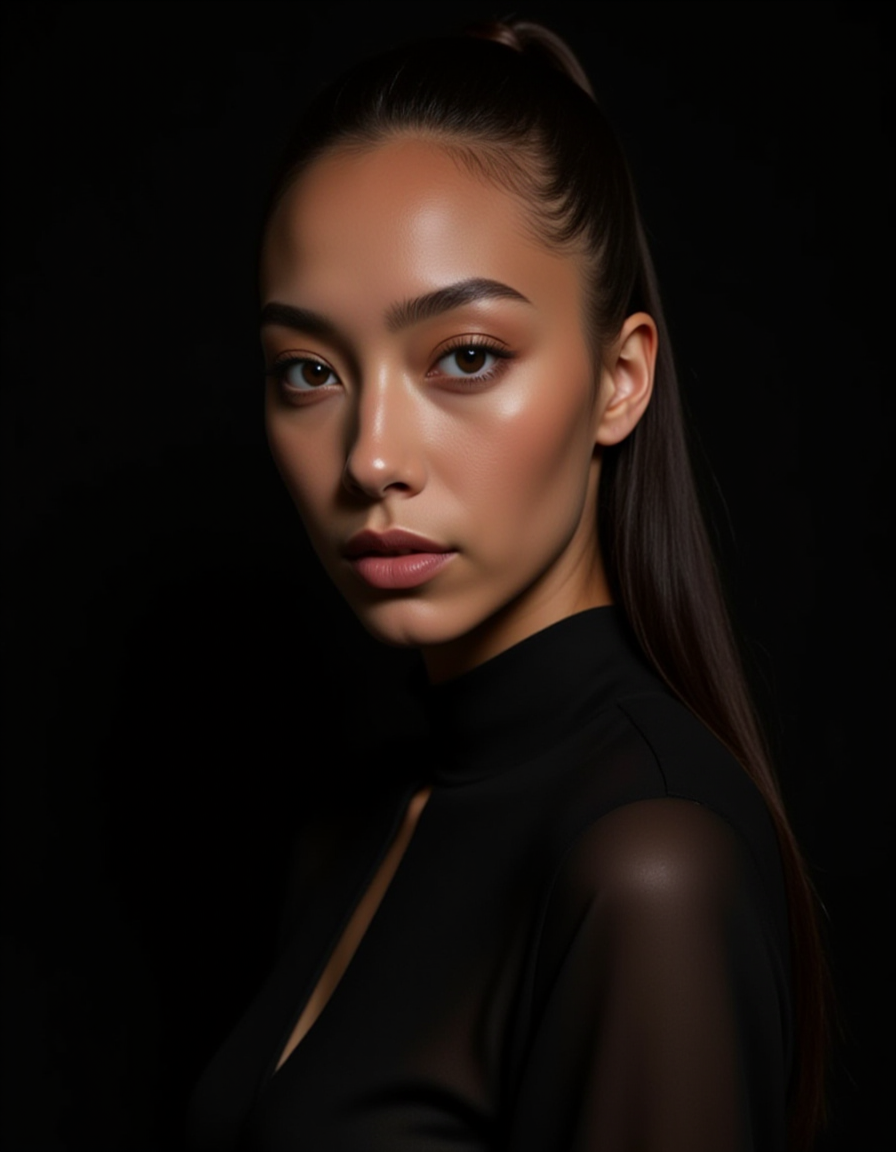 Portrait of a fashion model in dramatic lighting, featuring flawless skin and a strong gaze. The styling emphasizes high-end fashion, with realistic textures in both the clothing and background.