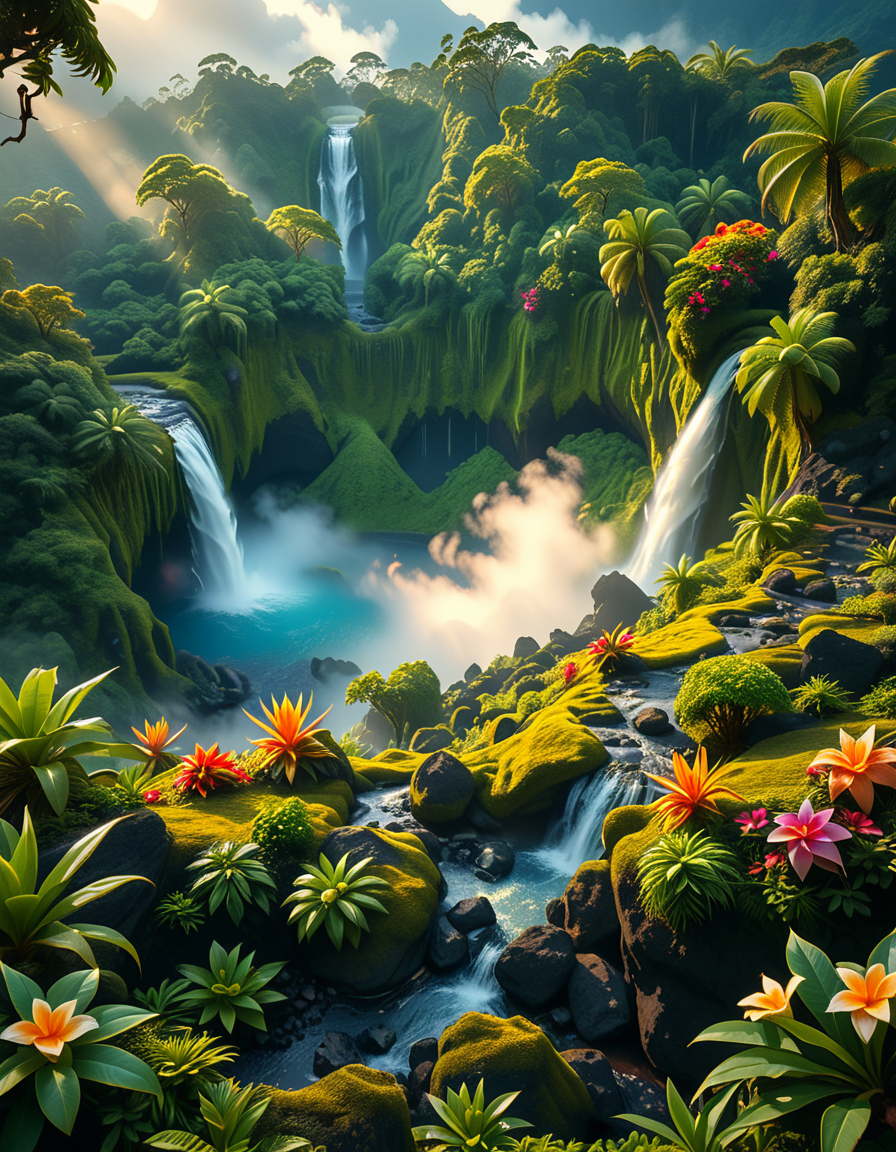 A breathtaking view of an ancient, dormant volcano now transformed into a lush, vibrant natural sanctuary. The crater is filled with dense tropical forests, colorful exotic flowers, cascading waterfalls, and mist swirling gently in the morning light. Vines and moss cover the dark volcanic rocks, and small streams wind down the slopes. while rays of sunlight pierce through the dense canopy, creating sparkling reflections on the water. The atmosphere feels peaceful, enchanted, and untouched by humans. The scene is depicted in an ultra-detailed, hyper-realistic style, with warm, soft lighting and rich, saturated colors that enhance the magical and serene mood of the landscape.
<lora:SDXLFaeTastic2400:0.4> <lora:extremely_detailed:0.4> extremely detailed, <lora:dormant_v0lc4n0:1>,dormant v0lc4n0, Masterpiece,best quality,hi res,8k,hi res,8k,award winning,(sharp focus, intricate, highly detailed),