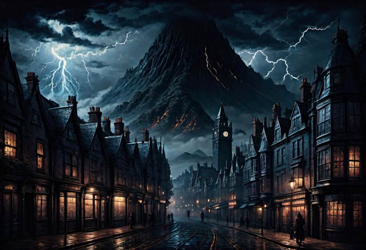 a landscape of a UK town, coast city,
dark ambient, horror vibe, blueish fog, victorian epoch, 
Lovecraft theme,  lightning, storm, 
masterpiece, highly detailed,
EdobHorrorLandscape,
OverallDetail,