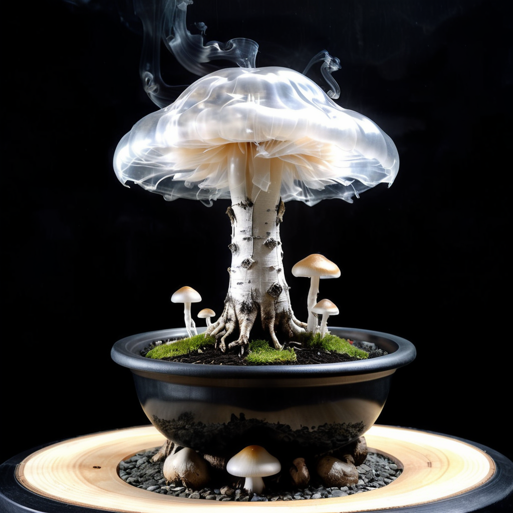 mysterious translucent transparent glass mushroom mixed with birch tree in slimy black bonsai pot, intricate and hyperdetailed raw photography by  Lee Jeffries, Joe Fenton, Andree Wallin, Killian eng, Sung Choi, album cover art, amazing depth, perfect ratio, hdr, perfect balanced styles, magical, intense back light, stunning soft smoke, impressive masterwork by head of prompt engineering <lora:add-detail-xl:0.75>   <lora:magik_smoke_v1.2:0.6> <lora:Aether_Ghost_v1.1_LoRA:0.8>  <lora:1hyperkraximalism-000014:0.8>
