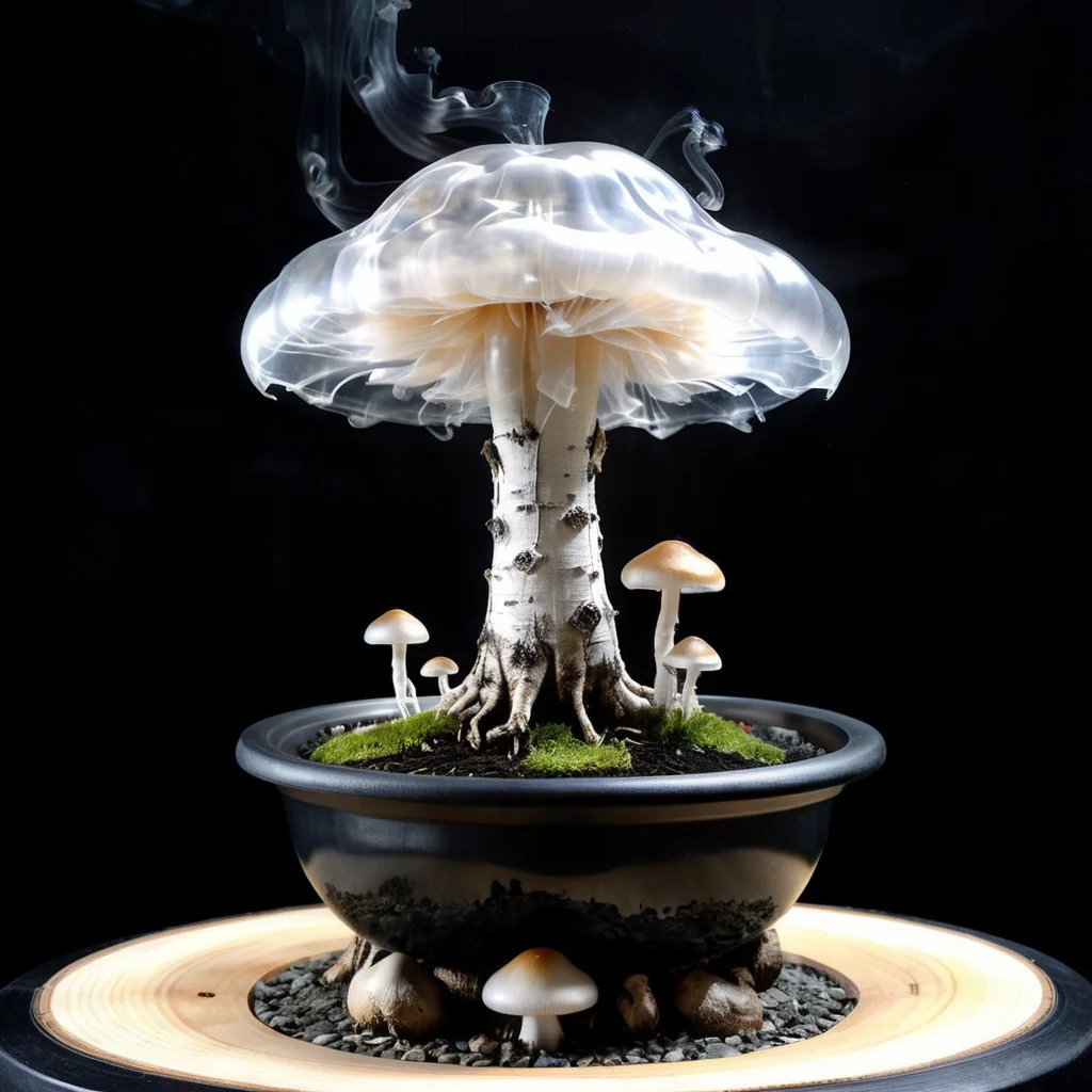 mysterious translucent transparent glass mushroom mixed with birch tree in slimy black bonsai pot, intricate and hyperdetailed raw photography by Lee Jeffries, Joe Fenton, Andree Wallin, Killian eng, Sung Choi, album cover art, amazing depth, perfect ratio, hdr, perfect balanced styles, magical, intense back light, stunning soft smoke, impressive masterwork by head of prompt engineering <lora:add-detail-xl:0.75> <lora:magik_smoke_v1.2:0.6> <lora:Aether_Ghost_v1.1_LoRA:0.8> <lora:1hyperkraximalism-000014:0.8>