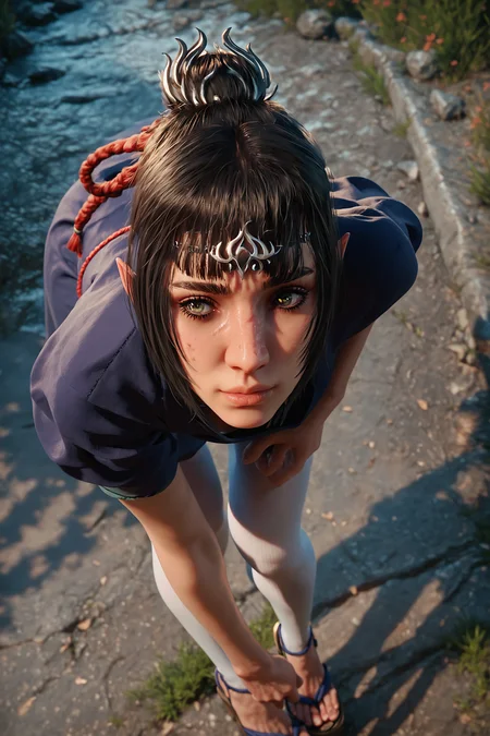 5h4rt, score_9, score_8_up, score_7_up, 1girl, solo, leaning forward, crumbling fortress on a hill, Japanese geisha kimono, high heel sandals, white stockings, red obi, <lora:_5h4rt:1.0>
