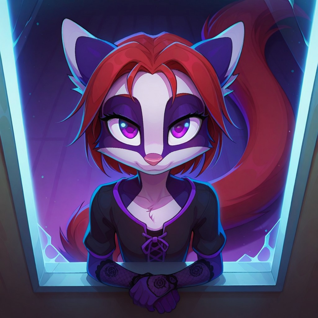 Dreamkeepers,Indi_and_Digo,1girl,solo,furry,tail,source_furry,,red hair,purple fur, purple eyes,
masterpiece, child, kid, 
moonlight, glass windows casting, elegant gothic priestess robe, intricate dark embroidery, collarbone, jewelry, lace gloves, floating black feathers, mysterious atmosphere, enigmatic pose, from above, upper body, soft smile, bored, looking at viewer,