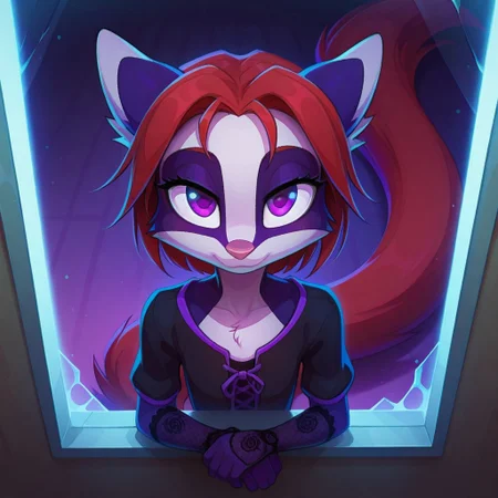 Dreamkeepers,Indi_and_Digo,1girl,solo,furry,tail,source_furry,,red hair,purple fur, purple eyes,
masterpiece, child, kid,
moonlight, glass windows casting, elegant gothic priestess robe, intricate dark embroidery, collarbone, jewelry, lace gloves, floating black feathers, mysterious atmosphere, enigmatic pose, from above, upper body, soft smile, bored, looking at viewer,