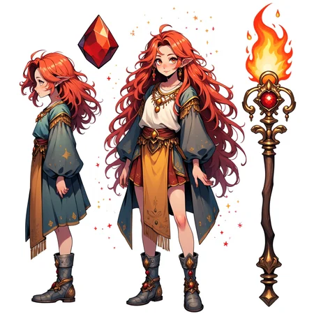 CharacterDesignFLUX,reference sheet,white background,simple background,multiple views, upper body, front, from side, color palette reference, high_detailed, captured in high detail, witch girl with very long hair full of stardust, tunic, red and messy hair, holding a setro with a red stone of fire, multiple ornaments on her clothes, bare legs, stone boots,, magic particles, multiple references